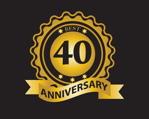 40th Anniversary Golden Badge. Best Anniversary Seal with Ribbon. Vector Illustration on Black Background