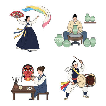 Korean cultural traditions depicted through illustrations of a dancer, potter, mask painter, and percussionist.