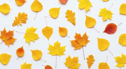 A vibrant collection of assorted autumn leaves in shades of yellow and orange, laid out in a beautiful pattern on a simple white background