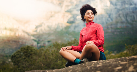 Thinking, rest and woman in nature for hiking, outdoor adventure and exercise on mountain. Fitness, space and person on break, relax and thoughtful in countryside for fresh air, wellness and health