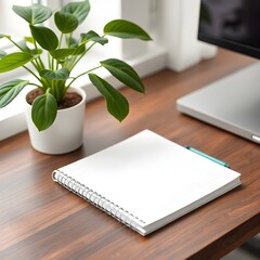 Clean white spiral notebook and a green potted plant on a wooden desk with a computer monitor in the background