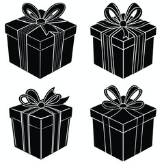 Four black and white hand drawn style gift boxes with ribbons and bows isolated on white background