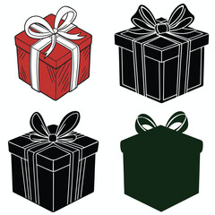 Four hand drawn illustrations of gift boxes with ribbons in red black and white styles