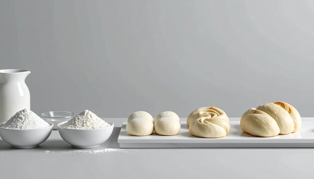 Minimalist still life of baking preparation with flour, milk, and various unbaked dough rolls