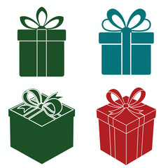 Four festive gift boxes with ribbons and bows in green teal and red colors
