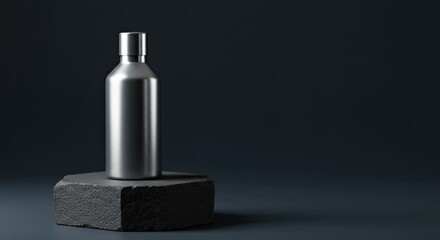 Sleek Metal Bottle on Gray Stone Pedestal Against Dark Background