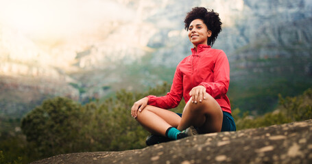 Happy woman, fitness and meditation with rock in nature for zen, inner peace or spiritual wellness....