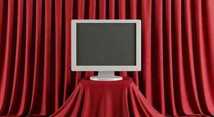 Retro monitor reveal with red velvet curtains and presentation platform