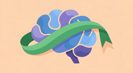An illustration of a colorful brain with a green ribbon wrapped around it.