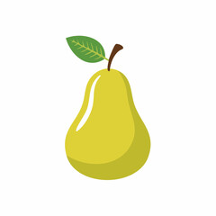 Flat design illustration of a single, ripe green pear with a brown stem and a single leaf, isolated on white