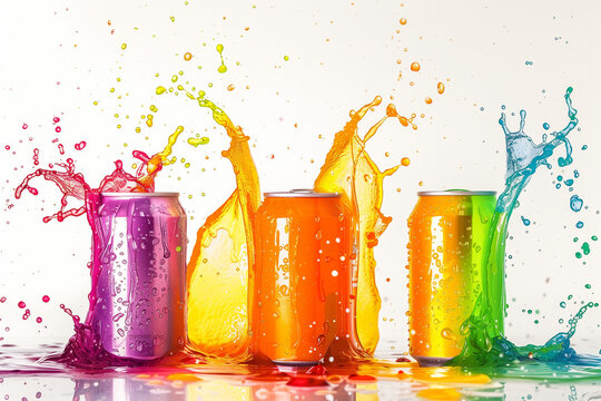Dynamic splash of colorful soft drinks in a studio setting capturing refreshing beverage experience with vibrant energy. Explore the vibrant energy of soft drinks as colorful cans create dynamic splas