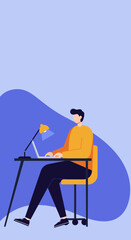 A man works diligently on his laptop at a desk with a lamp, highlighting productivity and remote work. Ideal for business, education, or freelance themes.