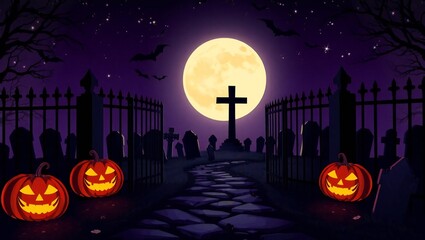 Spooky halloween graveyard with glowing pumpkins and full moon