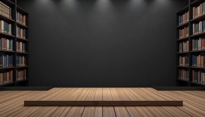 Wood Table with Black Wall Background – Empty Wooden Floor Platform for Product Display or Library Backdrop