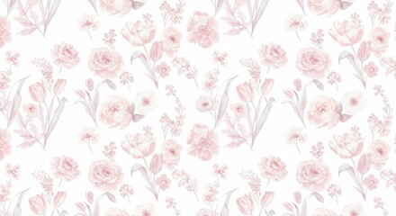 Watercolor Floral Pattern: Pink Roses Tulips and Flowers.