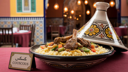 Traditional Couscous Served in a Hand-Painted Tagine Plate