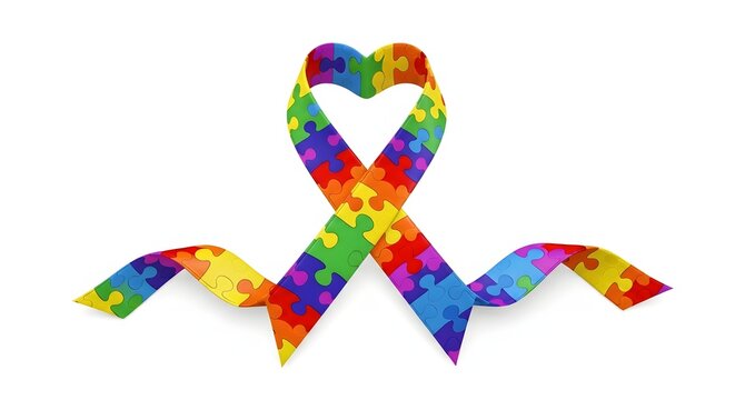 Rainbow puzzle piece ribbon forming a heart shape, symbol of autism awareness and acceptance, against a white background. - Powered by Adobe