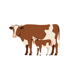 A peaceful mother cow stands gently beside her adorable calf in a clean, flat 2D vector illustration, depicted against a plain white background.