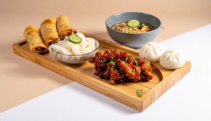 A delicious Asian food platter featuring glazed chicken, spring rolls, bao buns, noodles, and soup on a wooden tray.