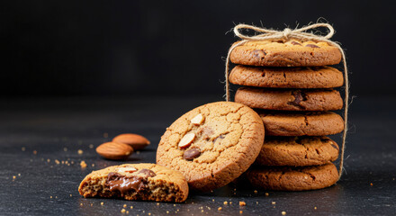 Stack of Chocolate Chip Cookies with Almonds on Dark Background. National Homemade Cookies Day