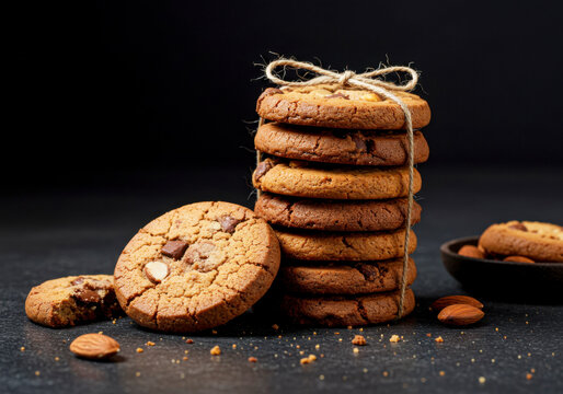 Stack of Chocolate Chip Cookies with Almonds on Dark Background. National Homemade Cookies Day