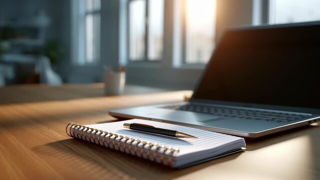 Coding bootcamp notebook pen laptop desk sunlight wooden spiral workspace coding bootcamp morning productivity focus creative learning remote work