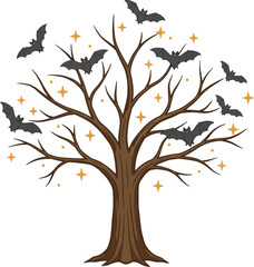 Obraz premium Spooky Halloween Tree with Flying Bats and Stars Illustration