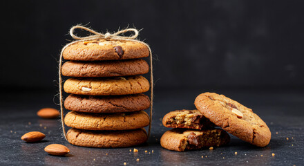 Stack of Chocolate Chip Cookies with Almonds on Dark Background. National Homemade Cookies Day