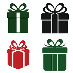 Four stylized gift boxes with ribbons and bows in green and red and black on a white background