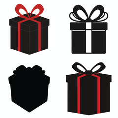 Four black gift boxes with red ribbons and bows on a white background