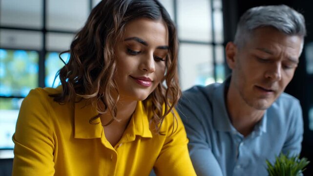 Software developer training team collaborating modern office with laptop coworker collaboration user testing smartphone showing app layout colorful