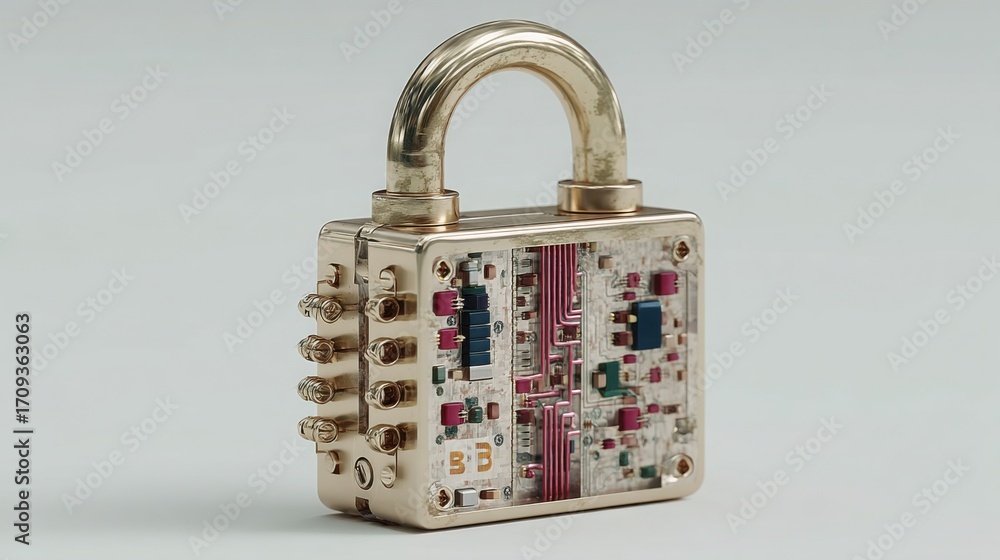Poster lock with a circuit board attached symbolizing modern security solutions in a technological era of d