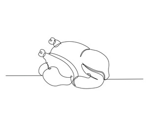 Chicken carcass outline drawing illustration. one continuous line drawing of roasted chicken.