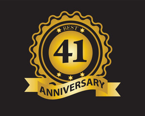 Naklejka premium 41st Anniversary Golden Badge. Best Anniversary Seal with Ribbon. Vector Illustration on Black Background
