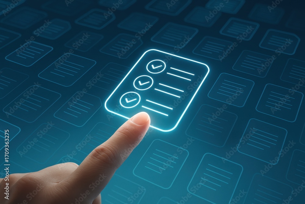 Poster glowing checklist interface with hand pointer touching highlighted task on futuristic background