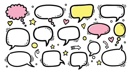 Fototapeta premium Creative doodle speech bubbles and icons for expressing ideas and thoughts in a fun, engaging way