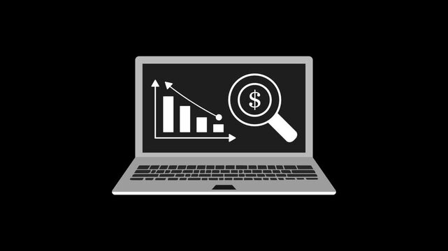 Stock market graph chart with dollar sign search icon animation on black background. 4k stock video.