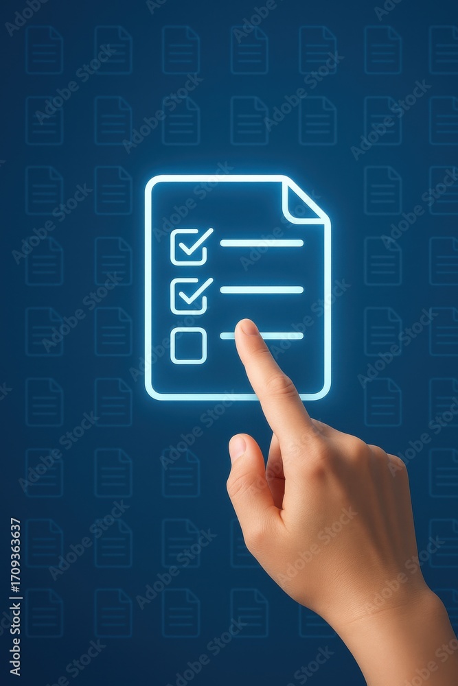 Aufkleber hand pointing at digital checklist on blue background with repeated document icons