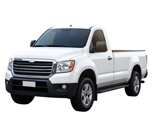 Modern white pickup truck with sleek black grille on urban street isolated on transparent background PNG