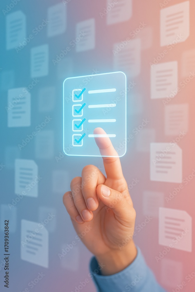Aufkleber digital checklist concept with hand touching transparent screen for task management and organization