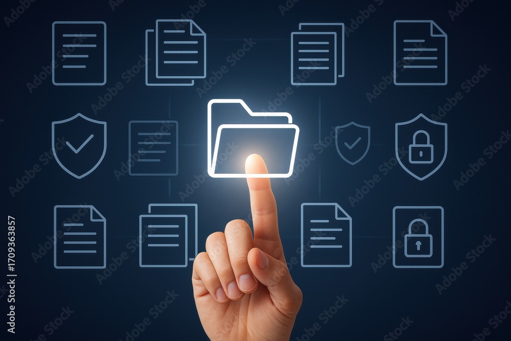 Aufkleber hand touching digital folder icon amidst security and document icons in modern workspace