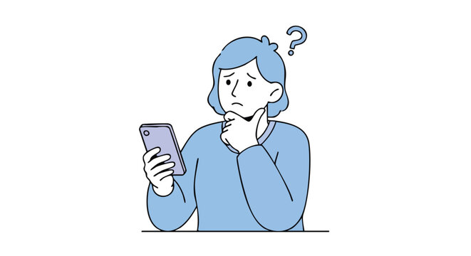 Confused person pondering smartphone content with question mark above head, seeking answers