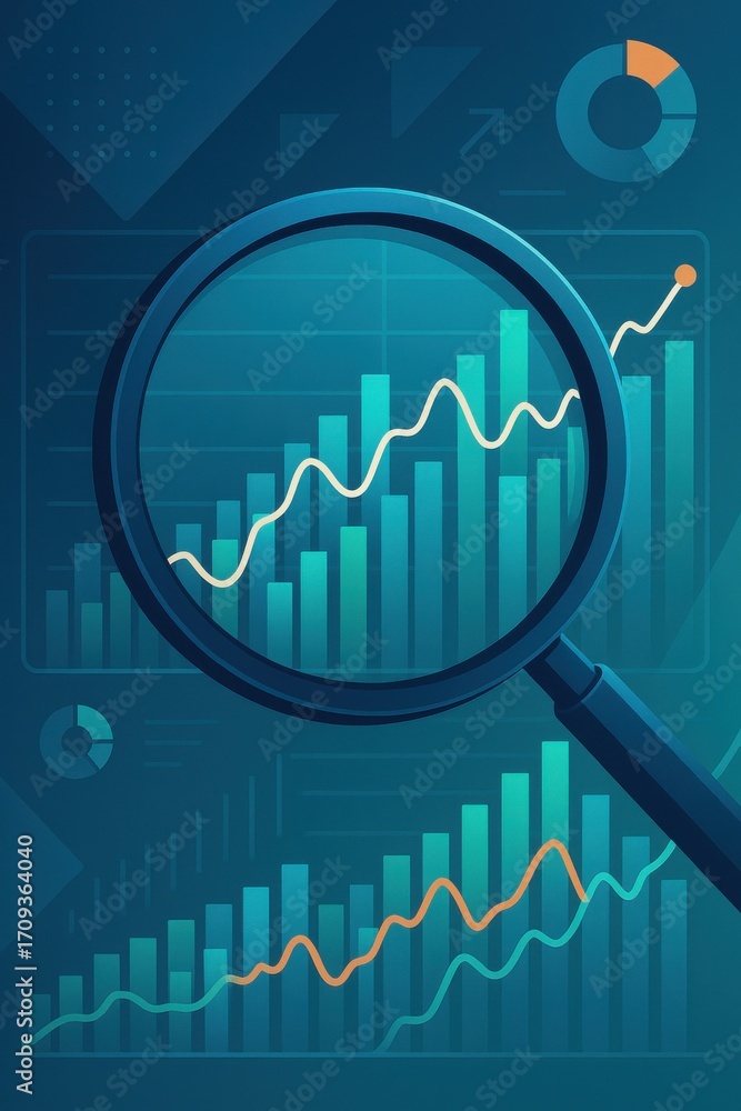 Poster magnifying glass over colorful graphs and metrics in modern data analysis concept