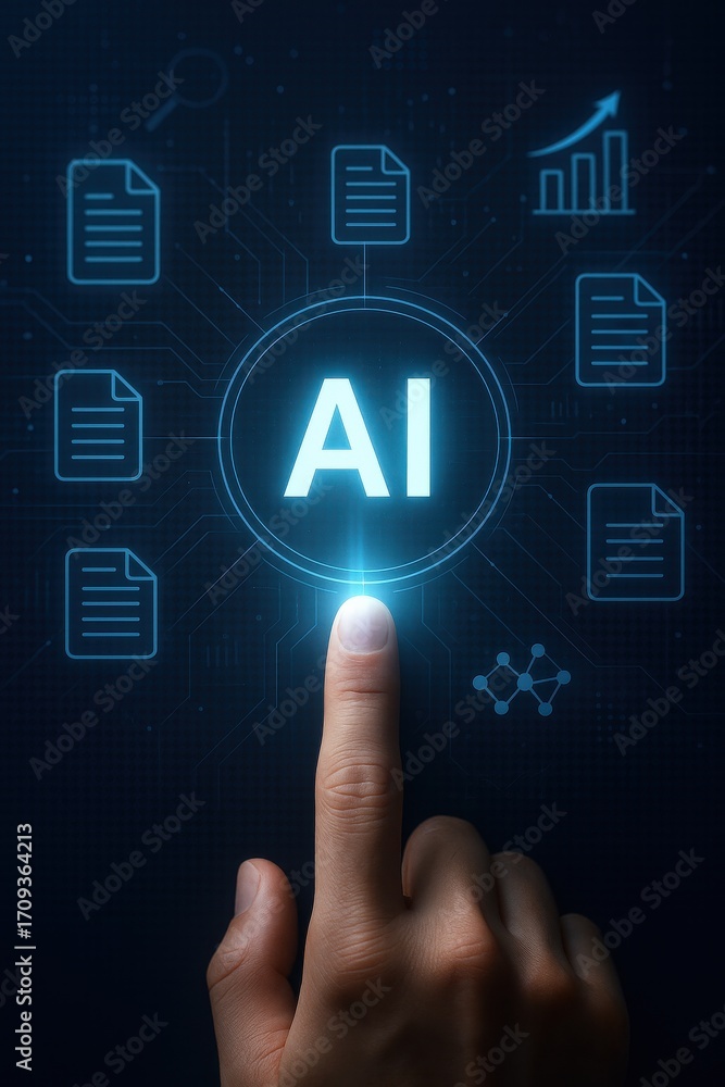 Aufkleber futuristic hand interacting with ai interface and data visualizations on dark digital background