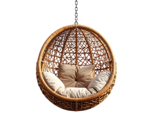 Woven wicker egg-shaped hanging chair with cushions isolated on transparent background PNG