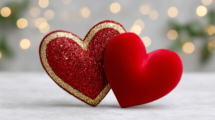 Fototapeta premium Two red hearts showing love and romance with christmas lights in background