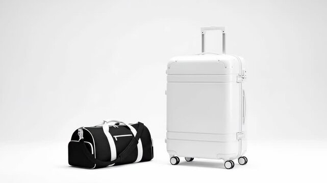 Minimalist White Luggage and Black Travel Bag - A white suitcase and a black and white duffel bag sit on a plain white background.