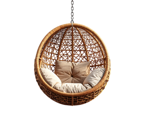 Woven wicker egg-shaped hanging chair with cushions isolated on transparent background PNG