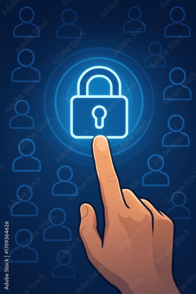 Poster hand touching digital lock icon on blue background with user silhouettes representing security