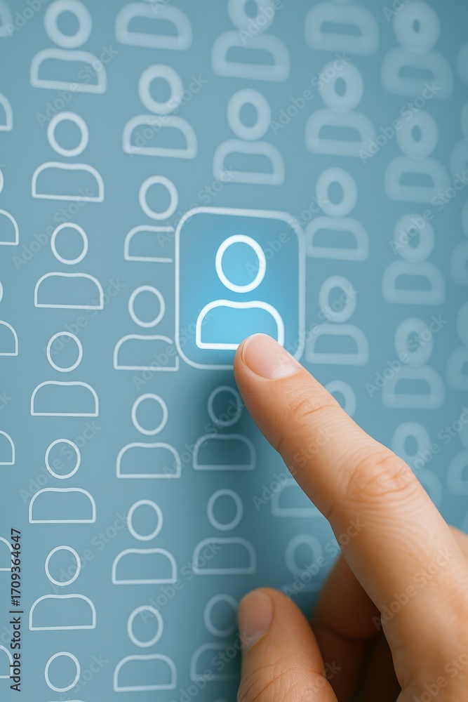 Aufkleber hand selecting icon from blue user interface background on digital screen